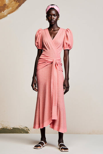 Pink Sheath Ruched Puff Sleeves Long Weddig Guest Dress